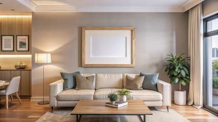 Fototapeta premium Modern Living Room with White Sofa, Wooden Coffee Table, and Empty Frame