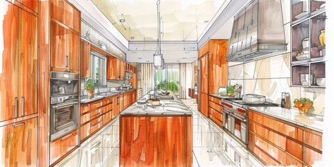 Draw sketch kitchen interior