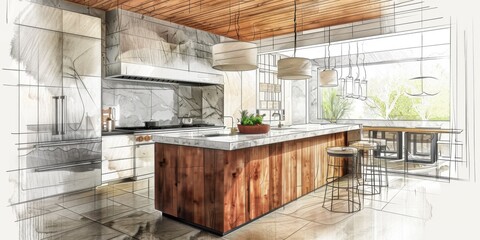 Draw sketch kitchen interior