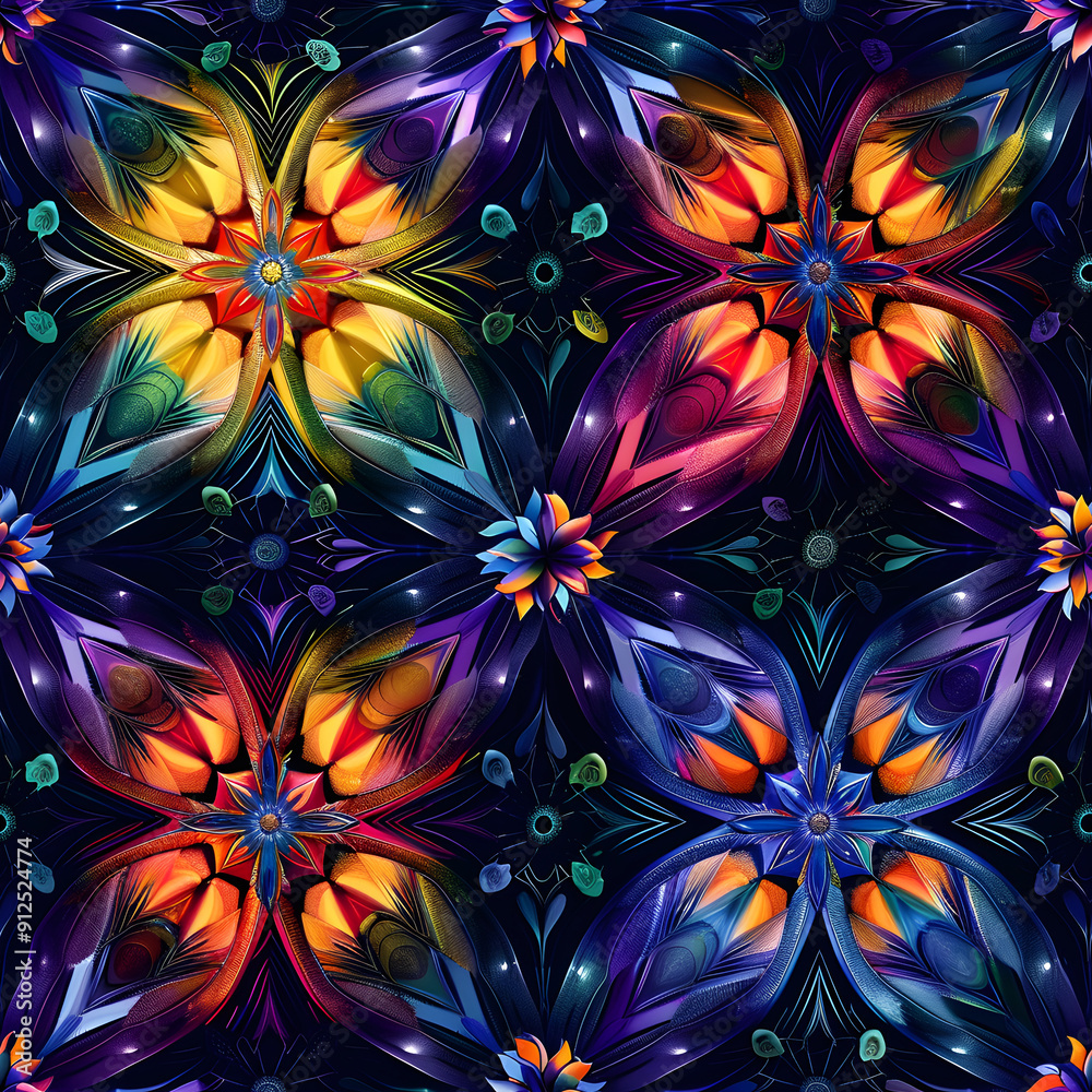 Poster seamless pattern with colorful peacock feathers forming flowers on black background