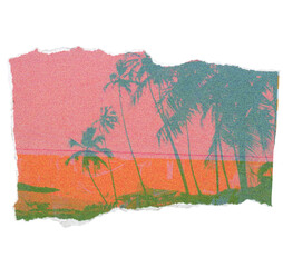 Scanned Ripped Red fragment of a Summer Film Photo of an Ocean Palms