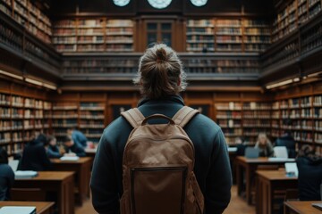 Fototapeta premium A man with a brown backpack stands before a large study area inside a grand library, highlighting the serene and academic environment conducive to learning and research.