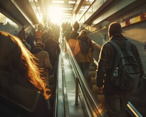 People Commuting Down an Escalator During Golden Hour at a Bustling Urban Metro Station