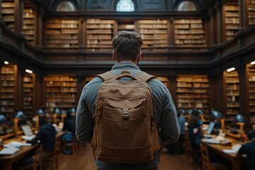 A man wears a backpack and stands inside a grand library filled with books. The library ambiance is serene, with people deeply engaged in study and reading activities.