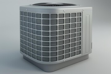 Modern air conditioner unit is standing on a gray background