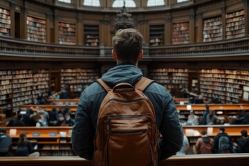 Fototapeta premium An individual seen from behind carrying a backpack is looking around a vast, sophisticated library, densely filled with book-filled shelves and various people studying.