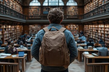 Obraz premium The image captures a person wearing a backpack standing in an expansive library filled with numerous bookshelves. The library is populated with students actively studying.
