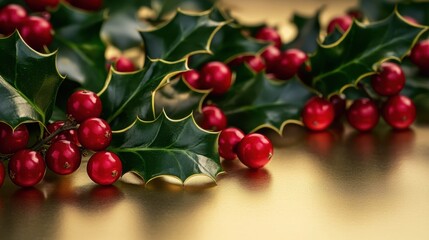 Obraz premium Festive Holly Berries and Leaves on Golden Background for Holiday Decor