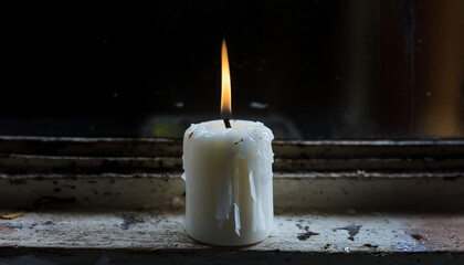 Burning white candle with melted wax on weathered windowsill, dark and moody atmosphere.