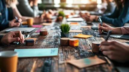 Fototapeta premium Team brainstorming session, vibrant colors, collaborative setting, creative workspace, dynamic