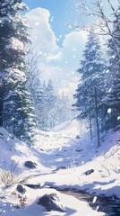Obraz premium Snowy Oasis: A High-Definition Hand-Rendered Winter Wonderland Embracing the Tranquil Essence of Nature with Seasonal Charm and Gentle Warmth in Anime Style.