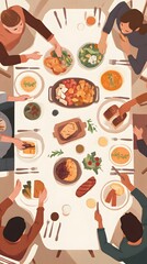 Overhead view of a diverse group of people gathered around a table, enjoying a delicious meal together.