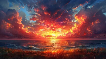 Fiery Sunset Over a Calm Ocean with Grassy Shoreline