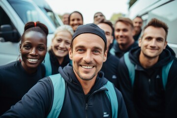 Group portrait of a smiling diverse moving crew