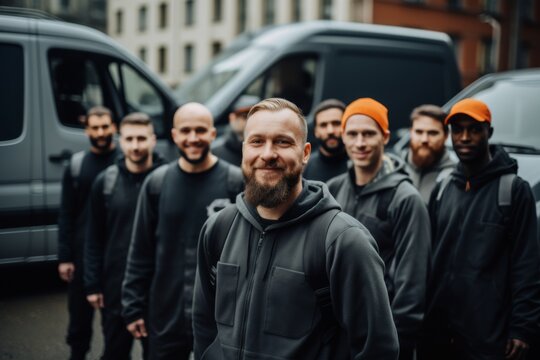 Group portrait of a smiling diverse moving crew