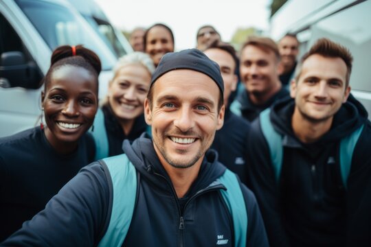 Group portrait of a smiling diverse moving crew