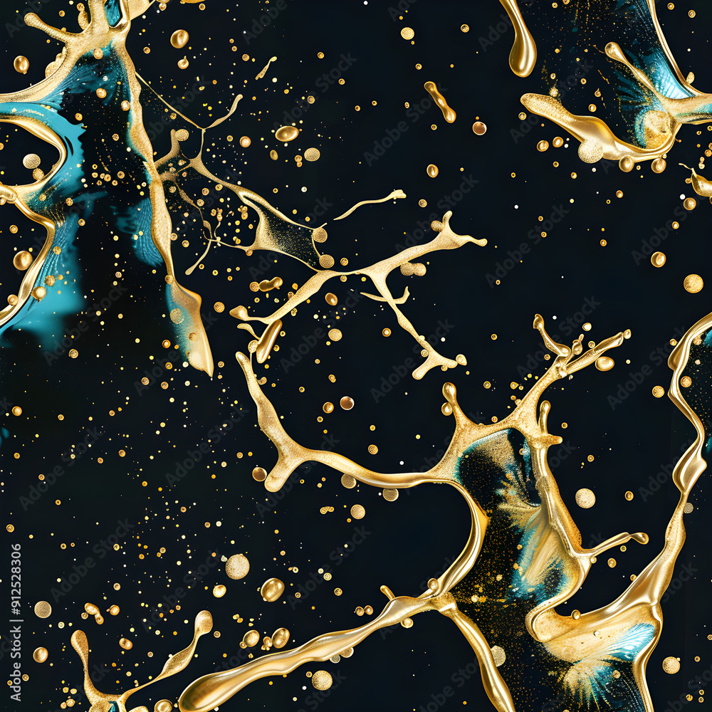 Poster Abstract gold splashing paint creating an elegant pattern on black background