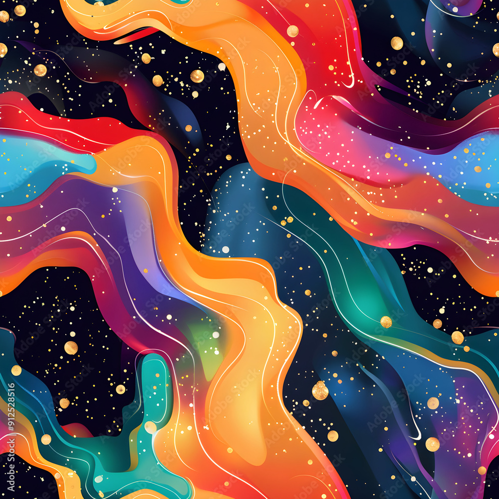 Fototapete abstract colorful wavy pattern with golden dots on dark background