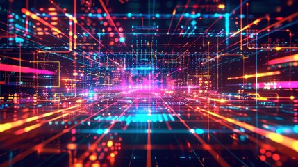 Obraz premium Futuristic Cybercity: Neon Lights and Digital Networks