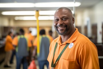 Fototapeta premium Portrait of a smiling African American school janitor