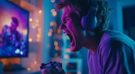 Young adult gamer playing using gamepad and headphones on TV angry shouting, hobbies and gambling