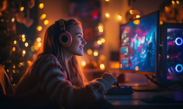Young girl gamer playing using gamepad and headphones on computer PC, hobbies and gambling