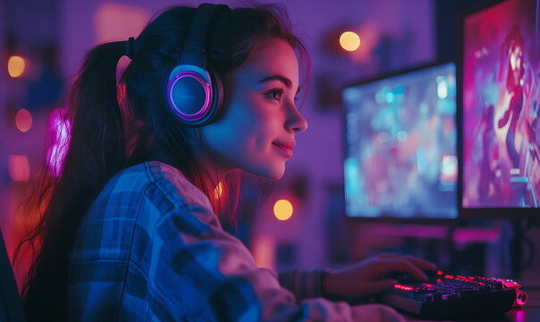 Young girl gamer playing using gamepad and headphones on computer PC, hobbies and gambling
