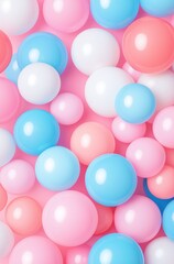 Festive pastel pink blue white balls pattern. Glossy 3d spheres backdrop. Baby shower, kids zone or children's playroom concept. Background for banner, poster, advertising. Top view, flat lay. 