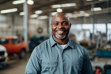 Obraz premium Portrait of a smiling middle aged African American male car mechanic