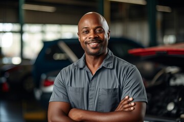 Obraz premium Portrait of a smiling middle aged African American male car mechanic