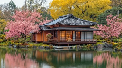 Traditional Japanese Tea House by the Pond