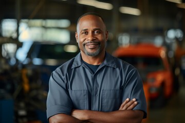 Portrait of a smiling middle aged African American male car mechanic