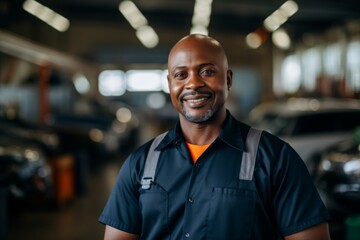 Fototapeta premium Portrait of a smiling middle aged African American male car mechanic