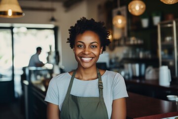 Fototapeta premium Portrait of a smiling African American woman working in cafe
