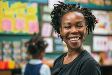 Naklejka premium Portrait of a smiling female African American kindergarten teacher