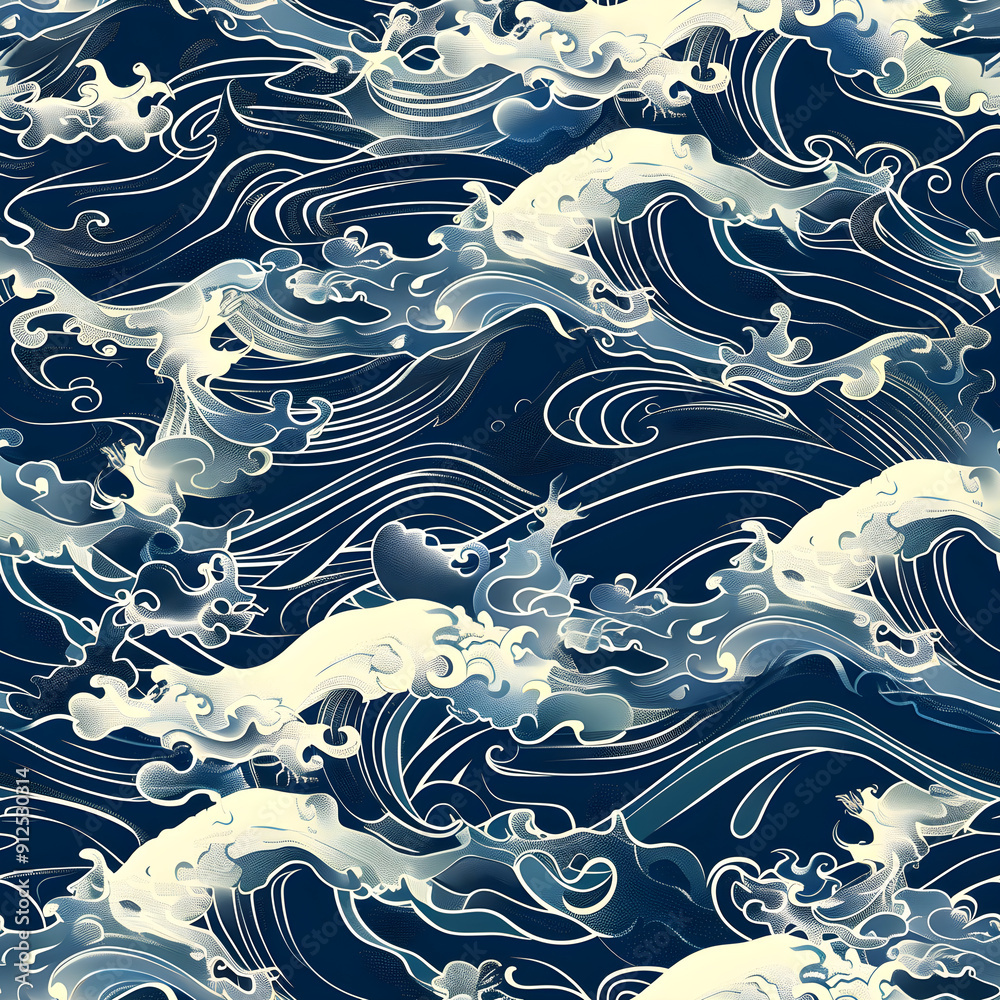 Poster seamless pattern of japanese waves crashing in a stormy sea