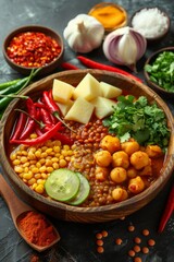 Indian Vegan Curry Bowl With Chickpeas, Potatoes, Lentils, Vegetables, Herbs, and Spices