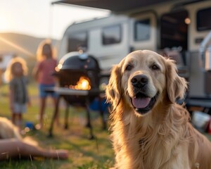 Golden Retriever Joyfully Watching Parents Barbecue While Children Play Near Camper