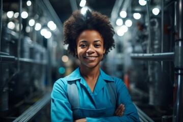 Fototapeta premium Portrait of a smiling African American female factory worker