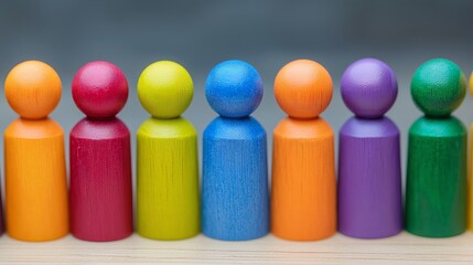 A colorful arrangement of wooden figurines lined up, showcasing a variety of vibrant colors.