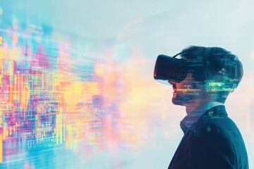 Businessman Using VR Headset to Explore Colorful Financial Data