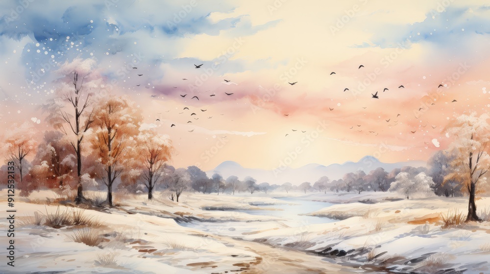 Sticker Winter Landscape Watercolor Painting