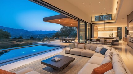 Fototapeta premium A modern living room with large windows showcasing a scenic view, featuring a cozy sofa and a sleek design, perfect for relaxation.