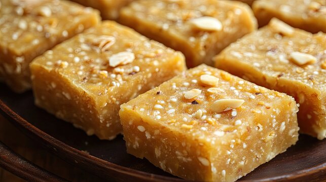Dodha Barfi, a traditional Indian sweet with a grainy and chewy texture. Close-up shot showcasing its delicious and rich appearance.