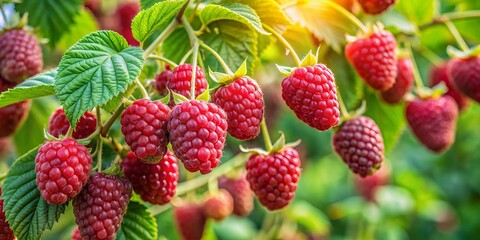 Juicy red Rubus probus fruits, also known as Atherton raspberries or wild raspberries, grow in clusters on thorny stems, ripe and ready for picking.