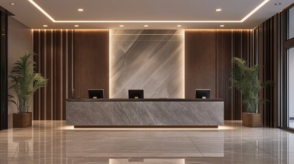 Modern reception area with elegant design, featuring a marble desk and stylish lighting.