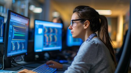 A woman works as an operator specialist in a computer data center in front of many monitors with charts and data