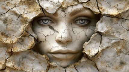 A human face, delicately detailed, emerges from the cracked surface of dry earth, symbolizing the impact of environmental degradation on humanity and nature
