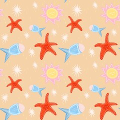 A playful and colorful pattern featuring cartoon-style starfish, fish and sunshine. The starfish are bright red with smiling faces, while the fish are blue with pink accents.
