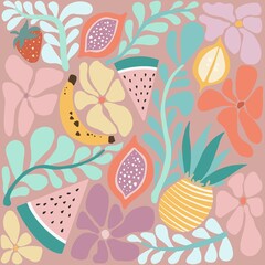 A vibrant and colorful pattern featuring various fruits and flowers, including strawberries, bananas, and pineapples, surrounded by leafy designs